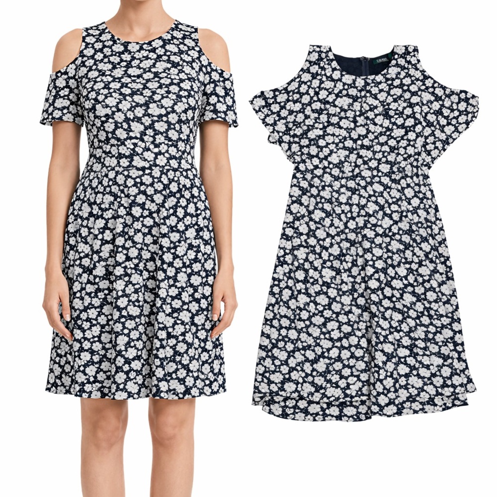 Lauren Ralph Lauren Cold Shoulder Floral Dress Navy White‎ 14W Ruffle Sleeve